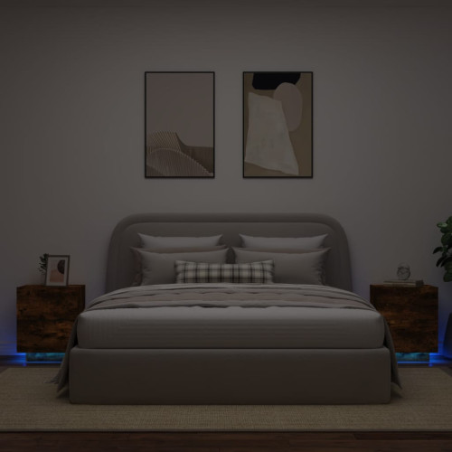 vidaXL Sängbord med LED-lampor 2 st rökfärgad ek konstruerat trä