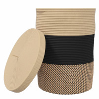 Produktbild för Förvaringskorg med lock svart och beige Ø37x50 cm bomull