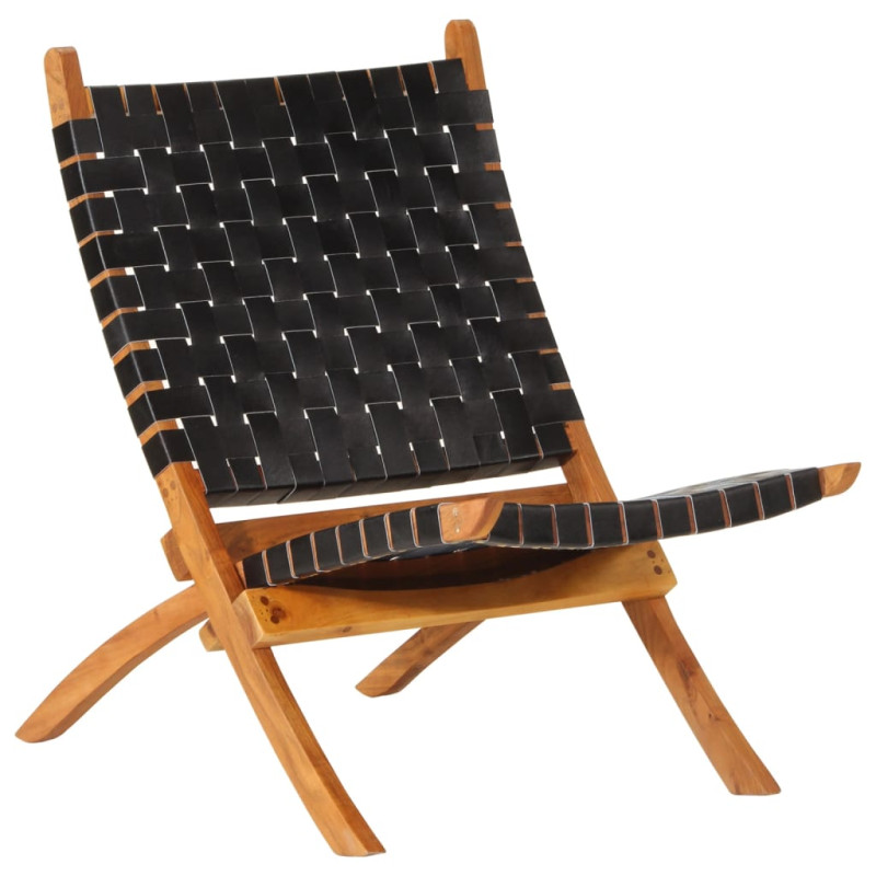 Produktbild för Avkopplingsstol hopfällbar svart äkta läder
