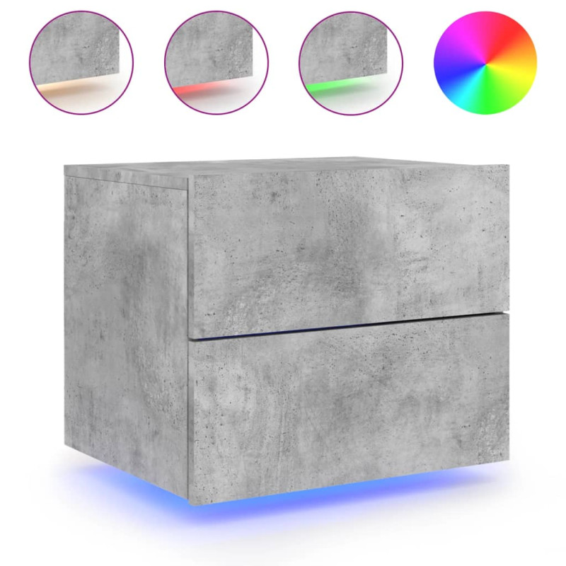 Produktbild för Väggmonterade sängbord med LED-lampor 2 st betonggrå