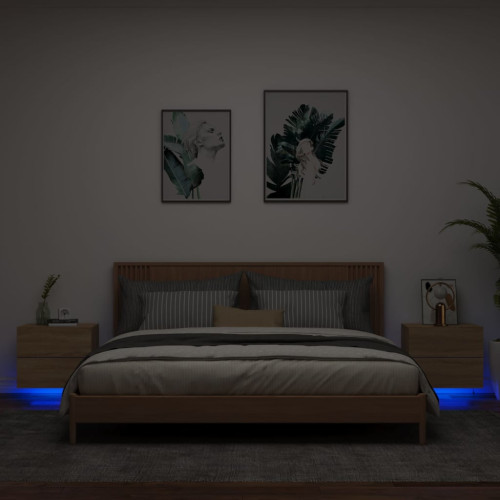 vidaXL Väggmonterade sängbord med LED-lampor 2 st sonoma-ek