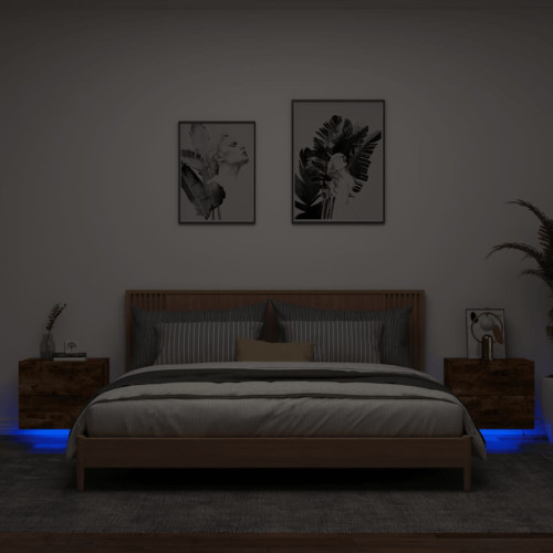 vidaXL Väggmonterade sängbord med LED-lampor 2 st rökfärgad ek