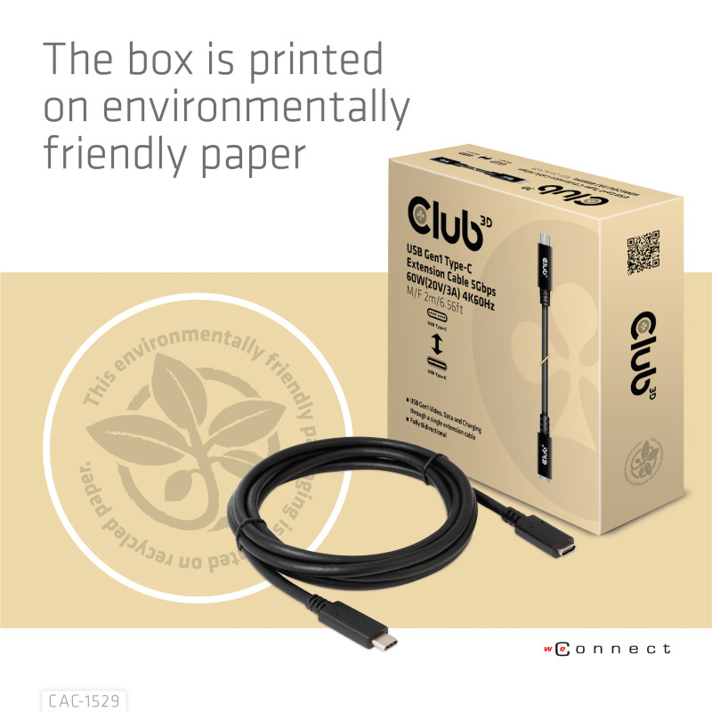 Produktbild för CLUB3D USB C GEN1 EXT CABLE 5GBPS 4K60HZ M/F 1M USB-kablar 2 x USB C