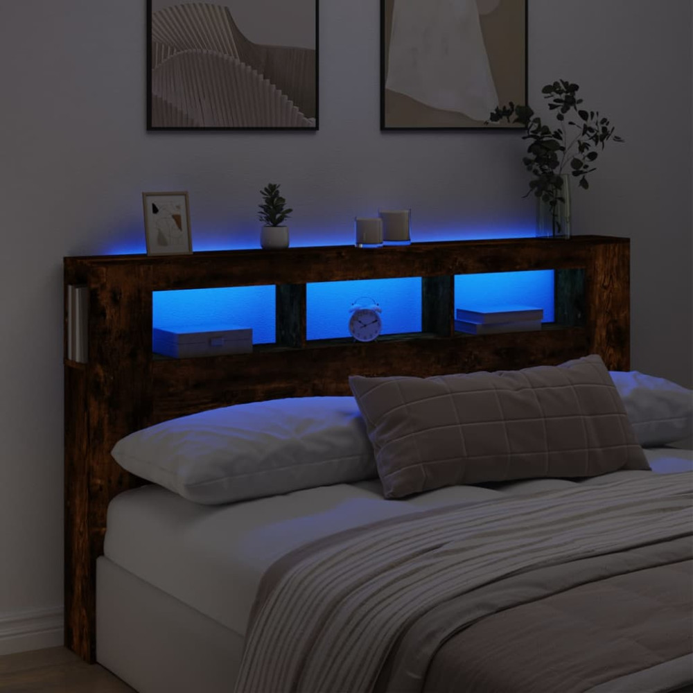 Produktbild för Sänggavel LED rökfärgad ek 180x18,5x103,5 cm konstruerat trä