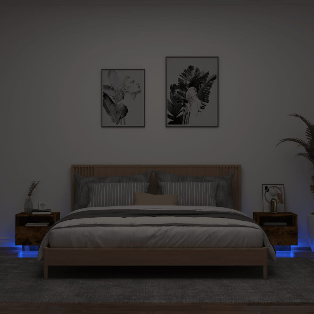Produktbild för Sängbord med LED-lampor 2 st rökfärgad ek 40x39x37 cm