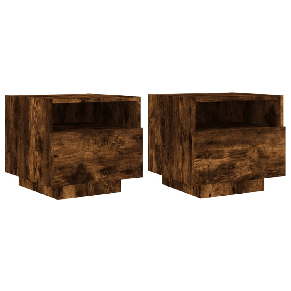 Produktbild för Sängbord med LED-lampor 2 st rökfärgad ek 40x39x37 cm