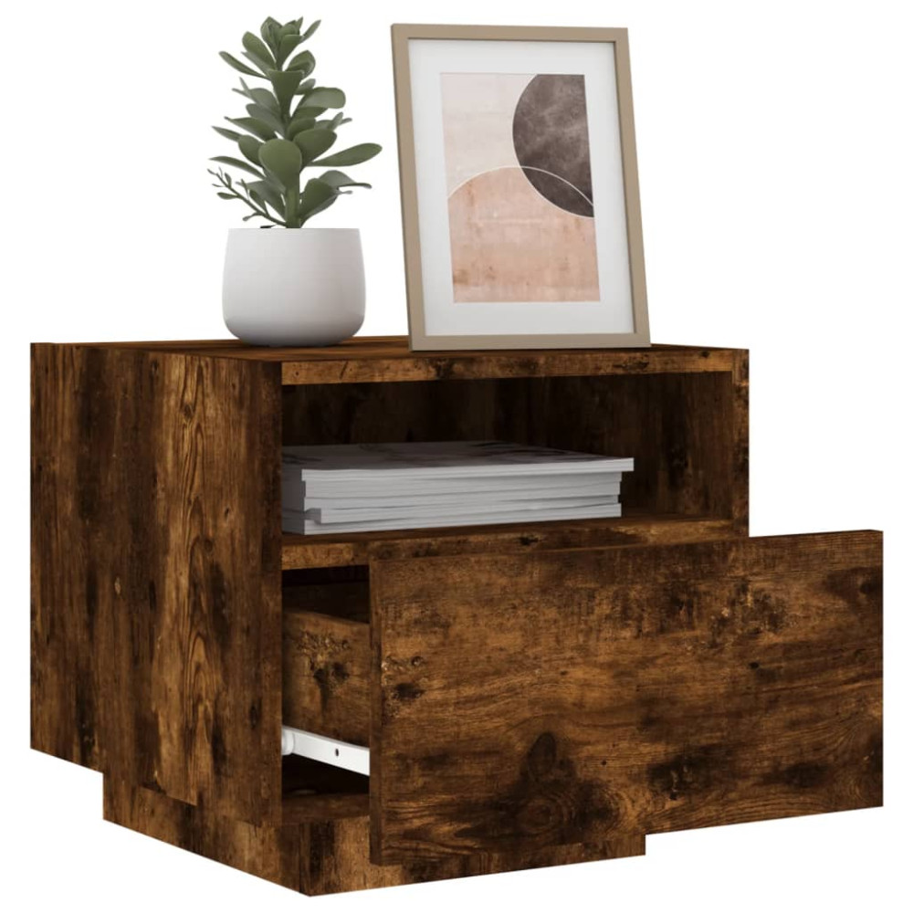 Produktbild för Sängbord med LED-lampor 2 st rökfärgad ek 40x39x37 cm
