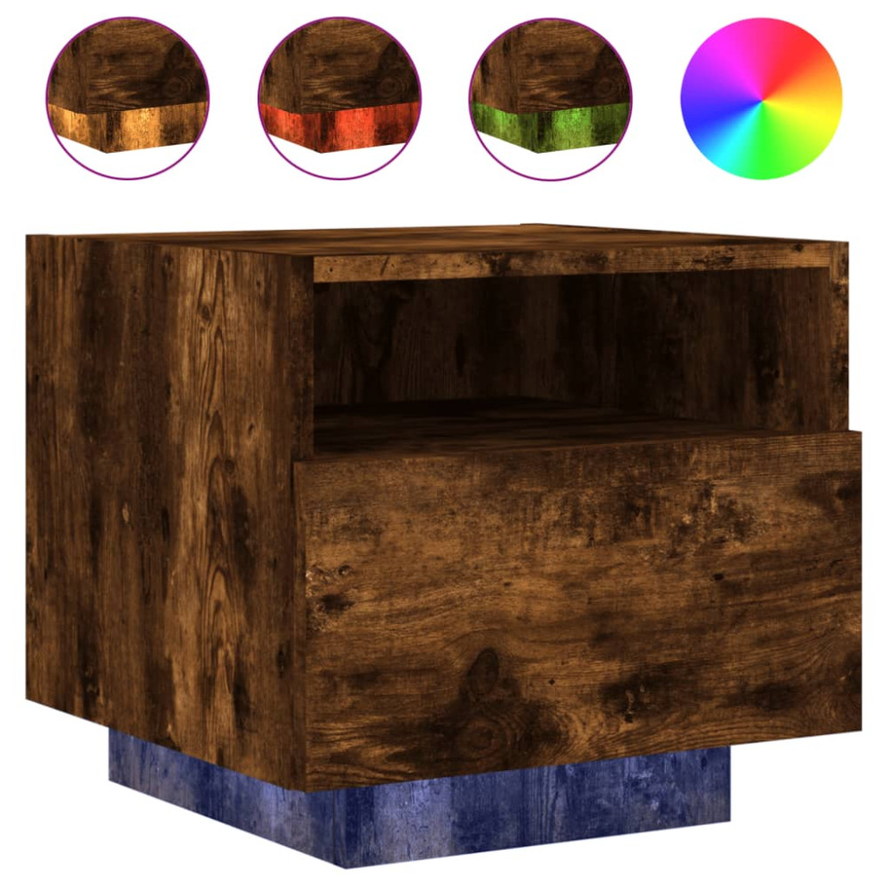 Produktbild för Sängbord med LED-lampor 2 st rökfärgad ek 40x39x37 cm
