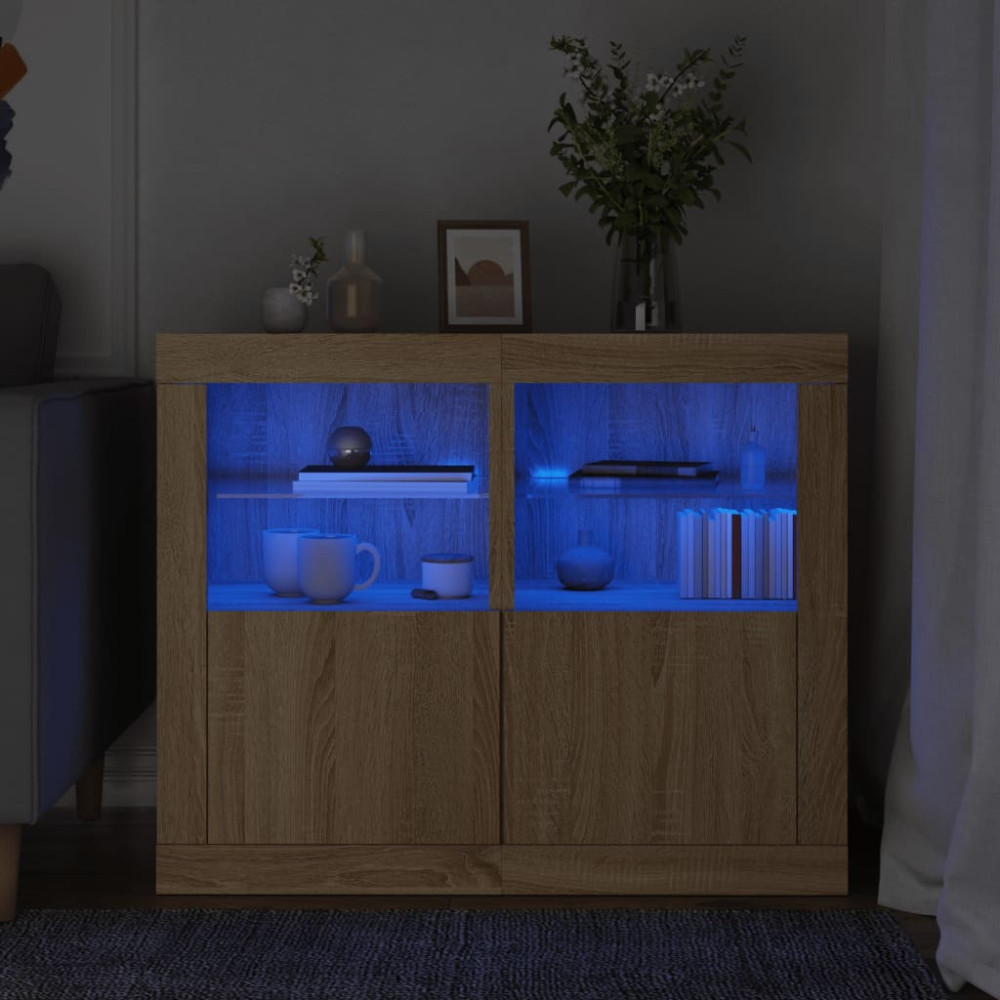 Produktbild för Sängbord med LED-lampor 2 st sonoma-ek konstruerat trä