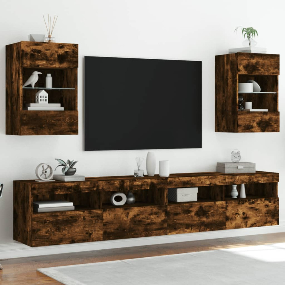 Produktbild för Nástenné skrinky s LED osvetlením pre TV 2 st rökfärgad ek 40x30x60,5 cm