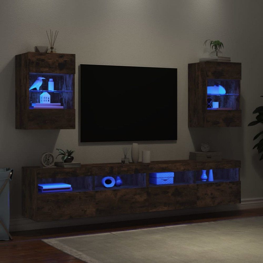 Produktbild för Nástenné skrinky s LED osvetlením pre TV 2 st rökfärgad ek 40x30x60,5 cm