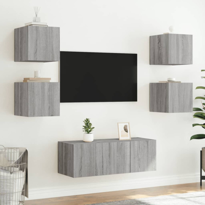 Produktbild för Väggmonterad tv-bänk LED grå sonoma 30,5x35x30 cm