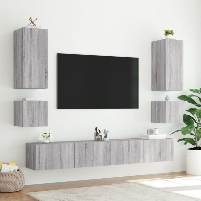 Produktbild för Väggmonterad tv-bänk LED grå sonoma 40,5x35x40 cm