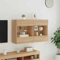 Produktbild för Väggmonterad tv-bänk LED sonoma-ek 98,5x30x60,5 cm