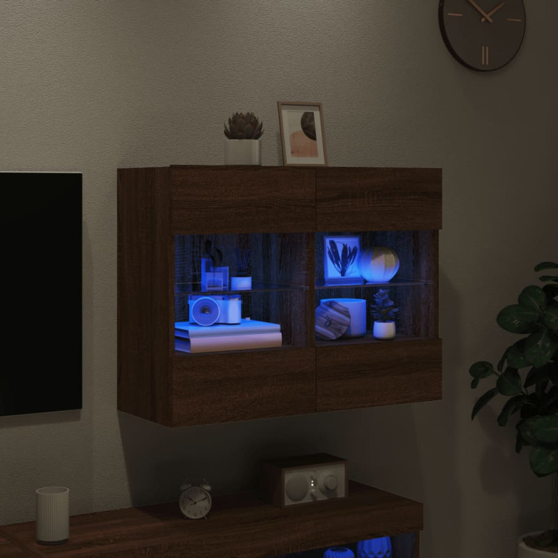 Produktbild för Väggmonterad tv-bänk LED brun ek 78,5x30x60,5 cm