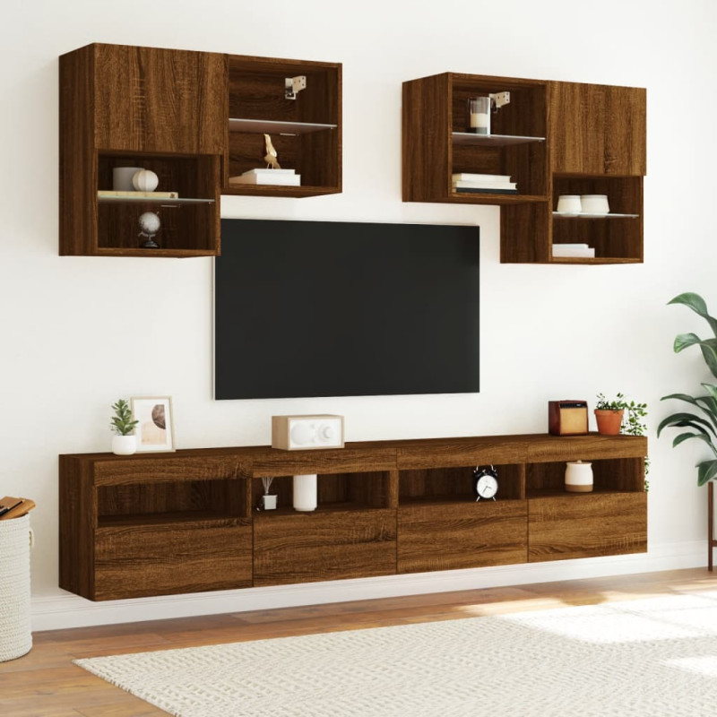 Produktbild för Väggmonterad tv-bänk LED brun ek 100x30x40 cm