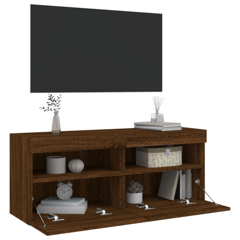 Produktbild för Väggmonterad tv-bänk LED brun ek 100x30x40 cm