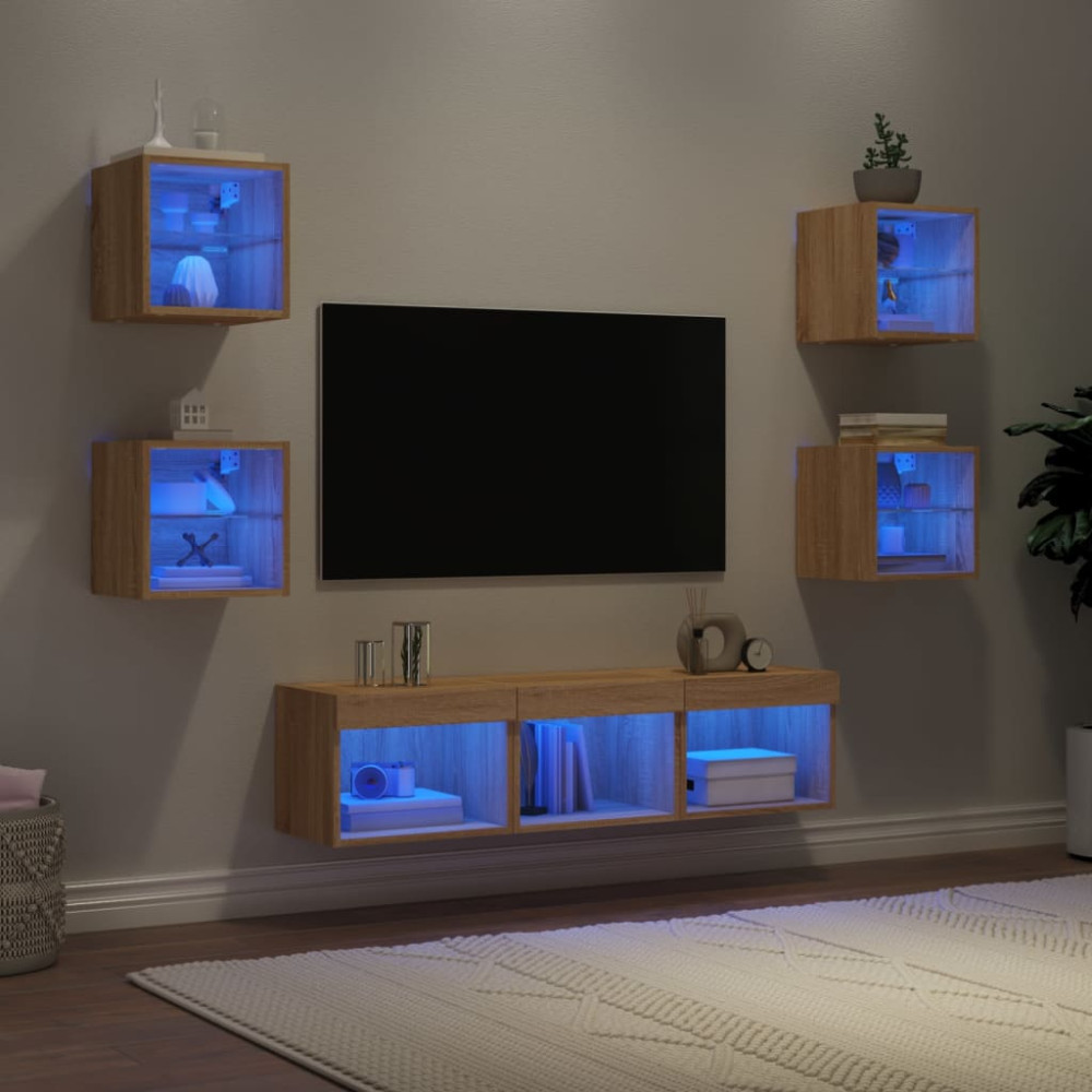 Produktbild för Tv-bänk 7 delar LED sonoma-ek konstruerat trä