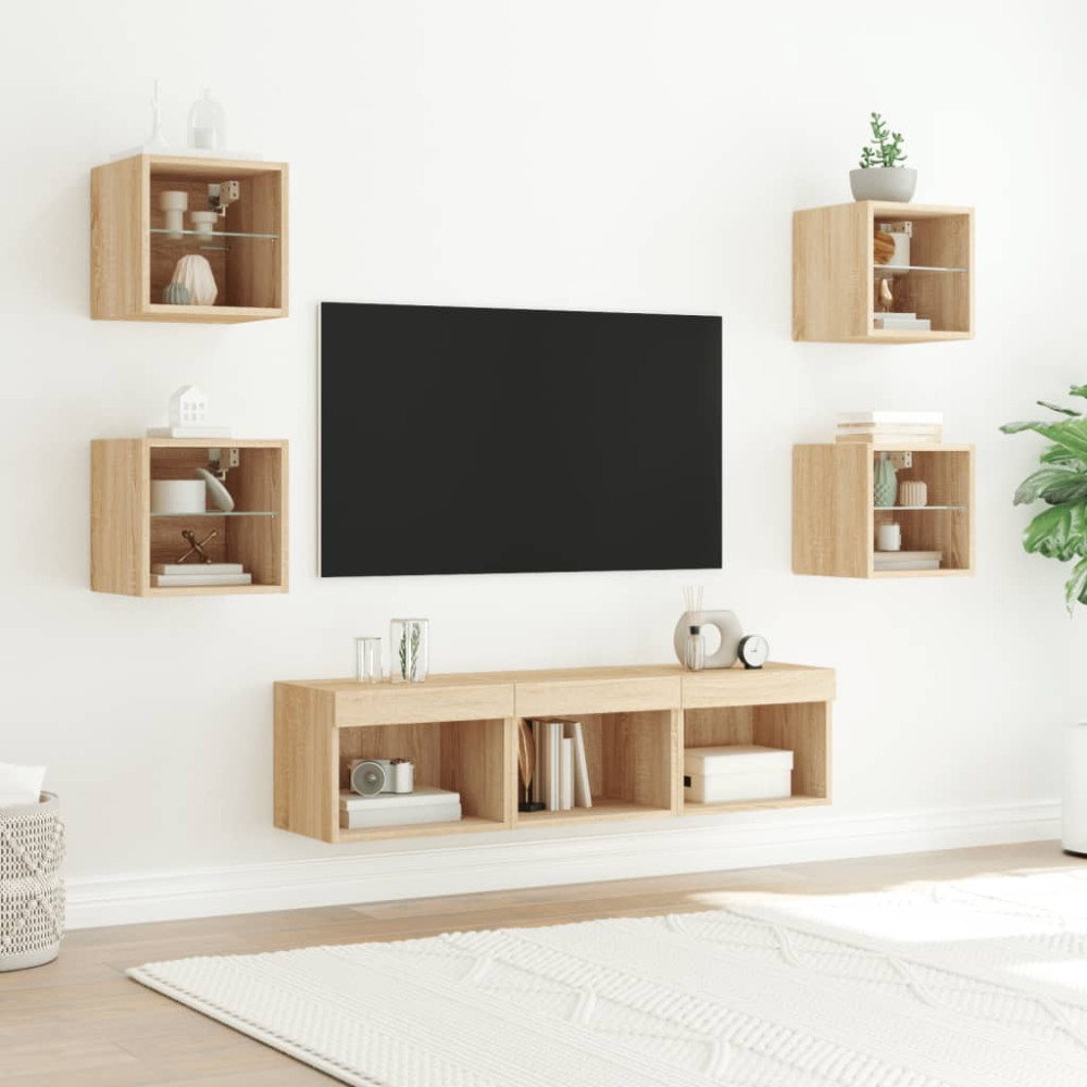 Produktbild för Tv-bänk 7 delar LED sonoma-ek konstruerat trä