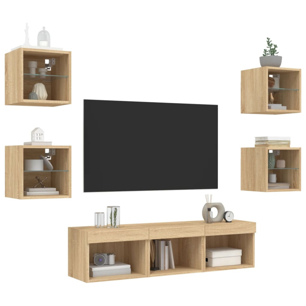 Produktbild för Tv-bänk 7 delar LED sonoma-ek konstruerat trä
