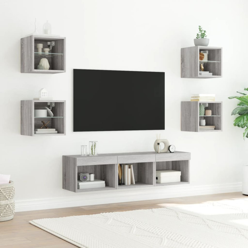 Produktbild för Tv-bänk 7 delar LED grå sonoma konstruerat trä