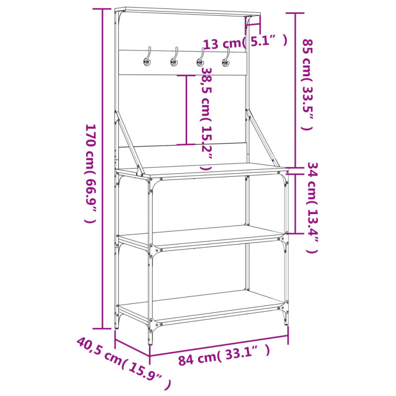 Produktbild för Kökshylla med krokar 4 hyllplan sonoma-ek konstruerat trä
