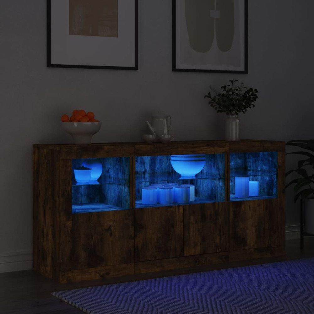 Produktbild för Skänk med LED-belysning rökfärgad ek 142,5x37x67 cm