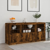Produktbild för Skänk med LED-belysning rökfärgad ek 142,5x37x67 cm