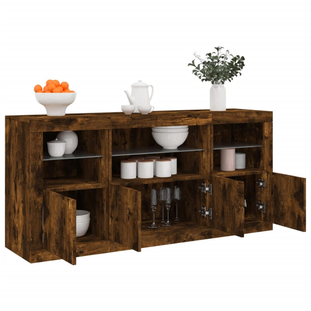 Produktbild för Skänk med LED-belysning rökfärgad ek 142,5x37x67 cm