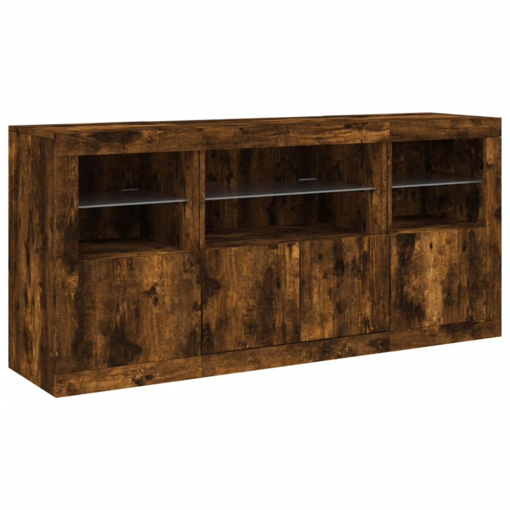 Produktbild för Skänk med LED-belysning rökfärgad ek 142,5x37x67 cm