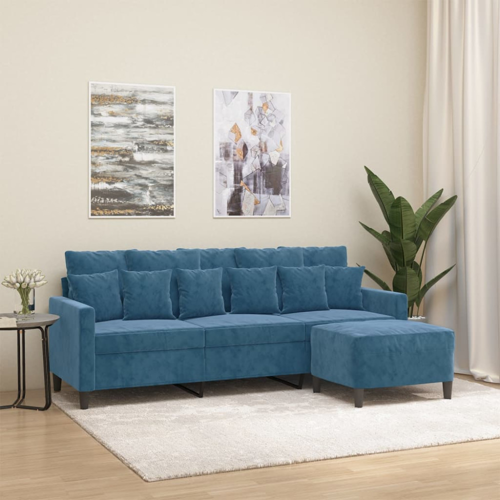 Produktbild för 3-sitssoffa med fotpall blå 180 cm sammet