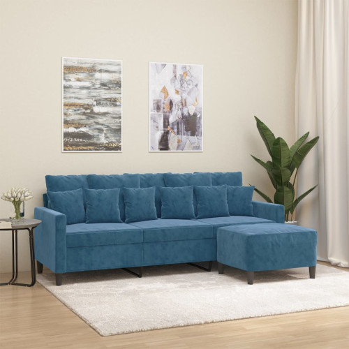 vidaXL 3-sitssoffa med fotpall blå 180 cm sammet