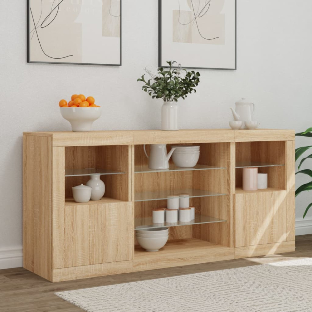 Produktbild för Skänk med LED-belysning sonoma-ek 142,5x37x67 cm