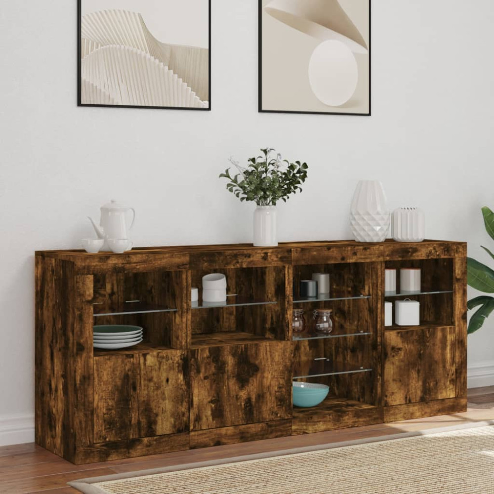 Produktbild för Skänk med LED-belysning rökfärgad ek 164x37x67 cm