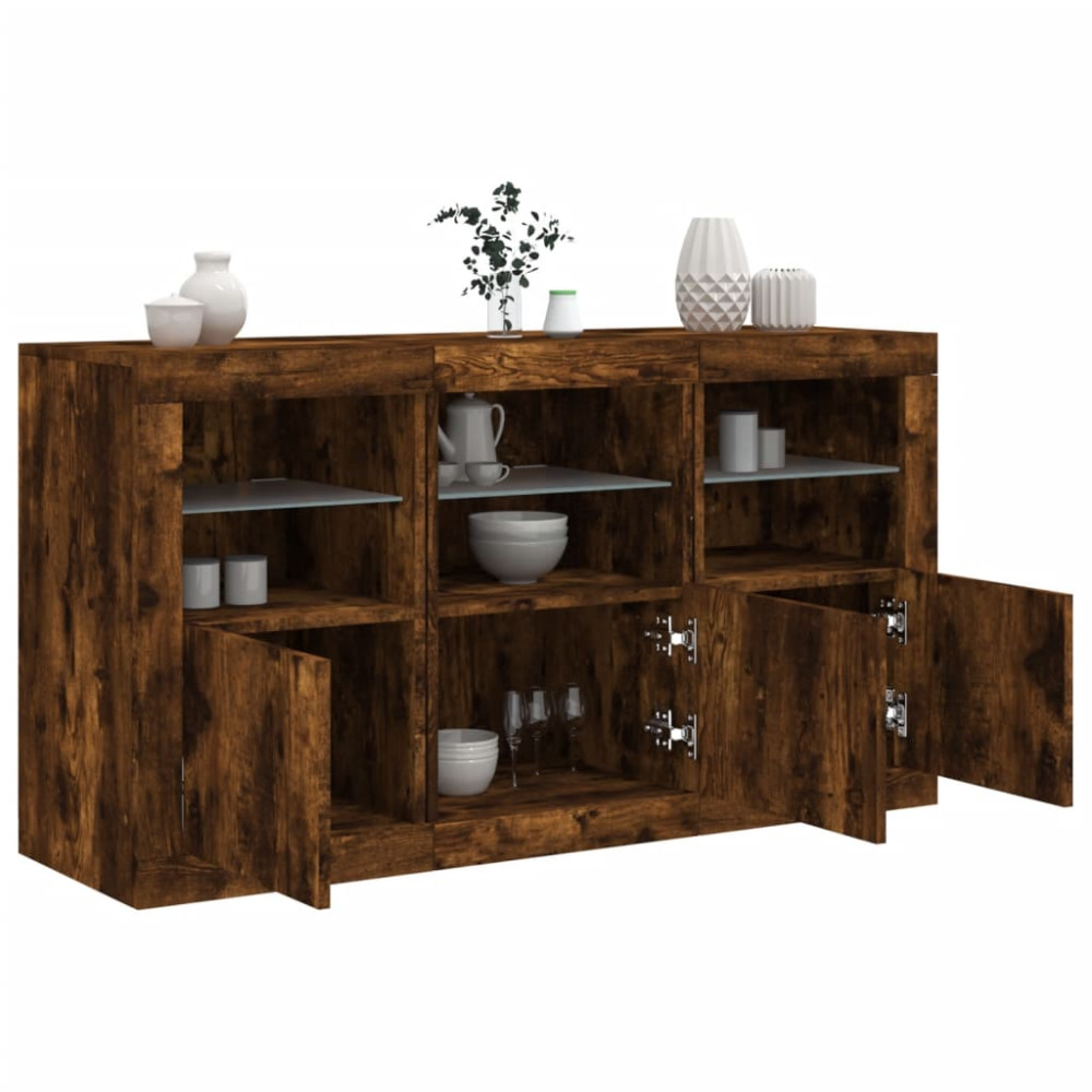 Produktbild för Skänk med LED-belysning rökfärgad ek 123x37x67 cm