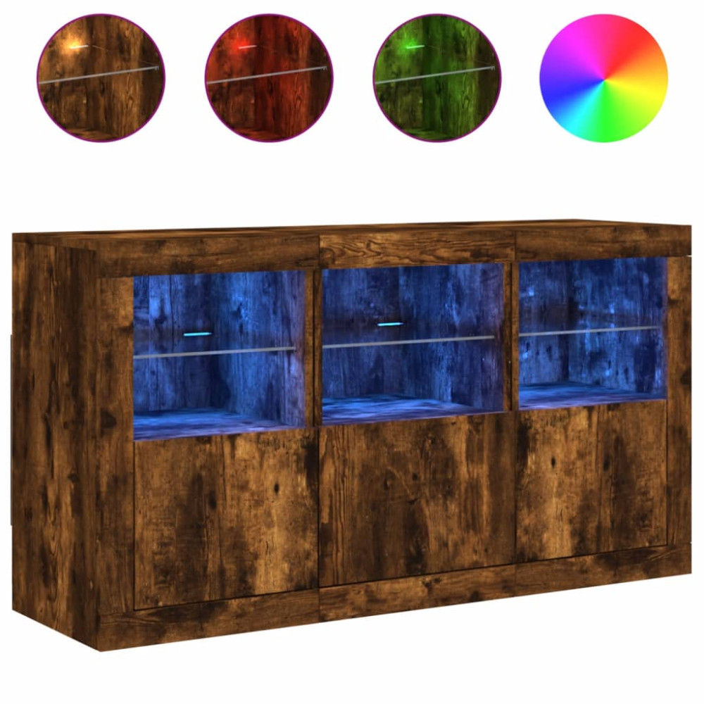 Produktbild för Skänk med LED-belysning rökfärgad ek 123x37x67 cm