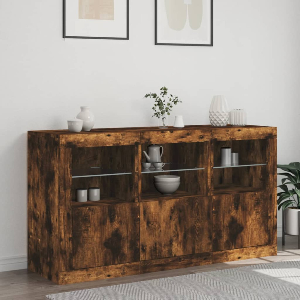 Produktbild för Skänk med LED-belysning rökfärgad ek 123x37x67 cm