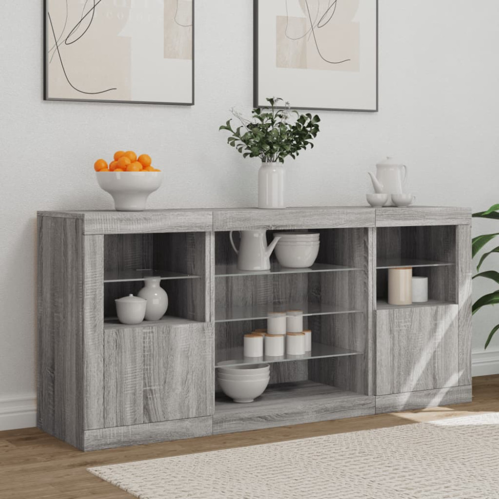Produktbild för Skänk med LED-belysning grå sonoma 142,5x37x67 cm