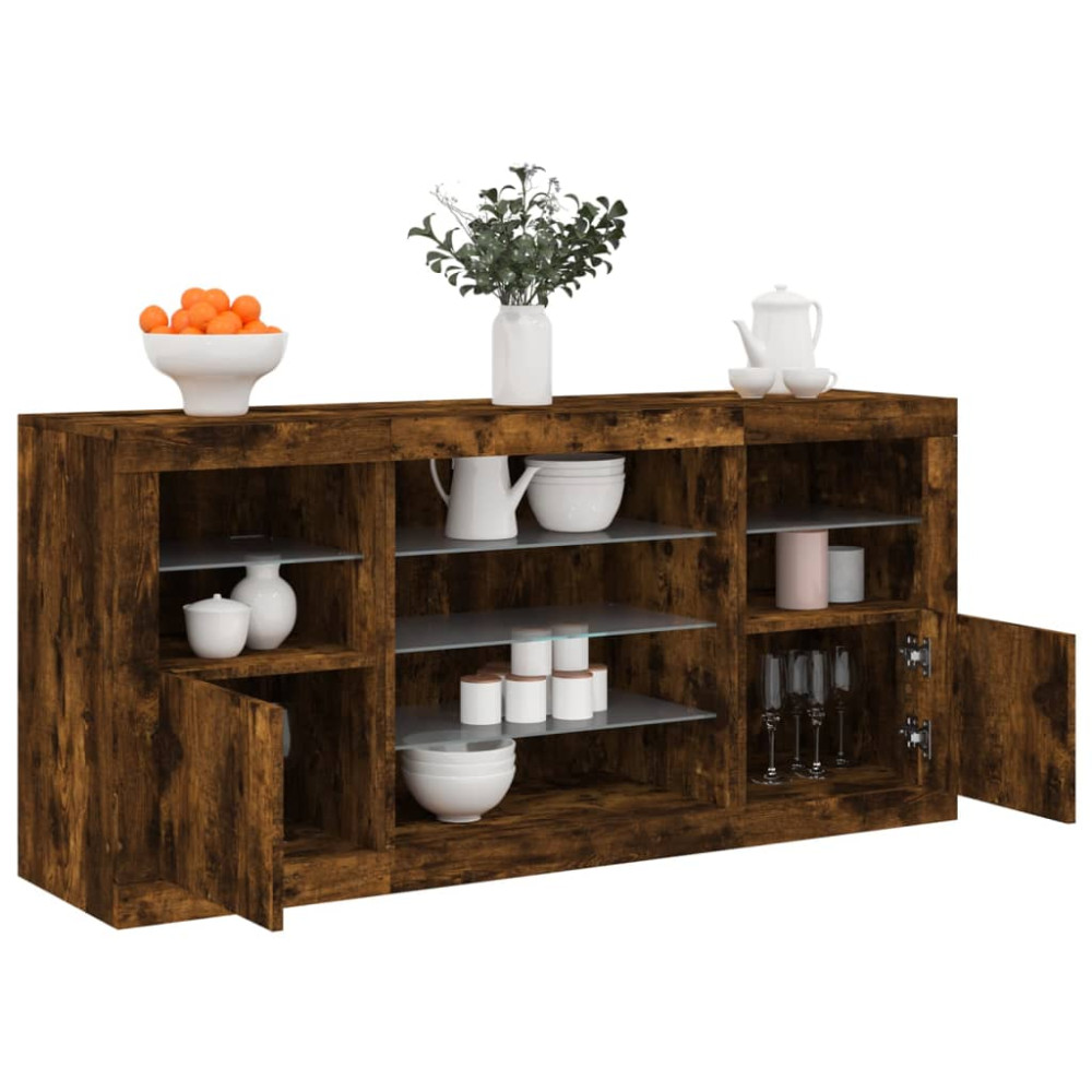 Produktbild för Skänk med LED-belysning rökfärgad ek 142,5x37x67 cm