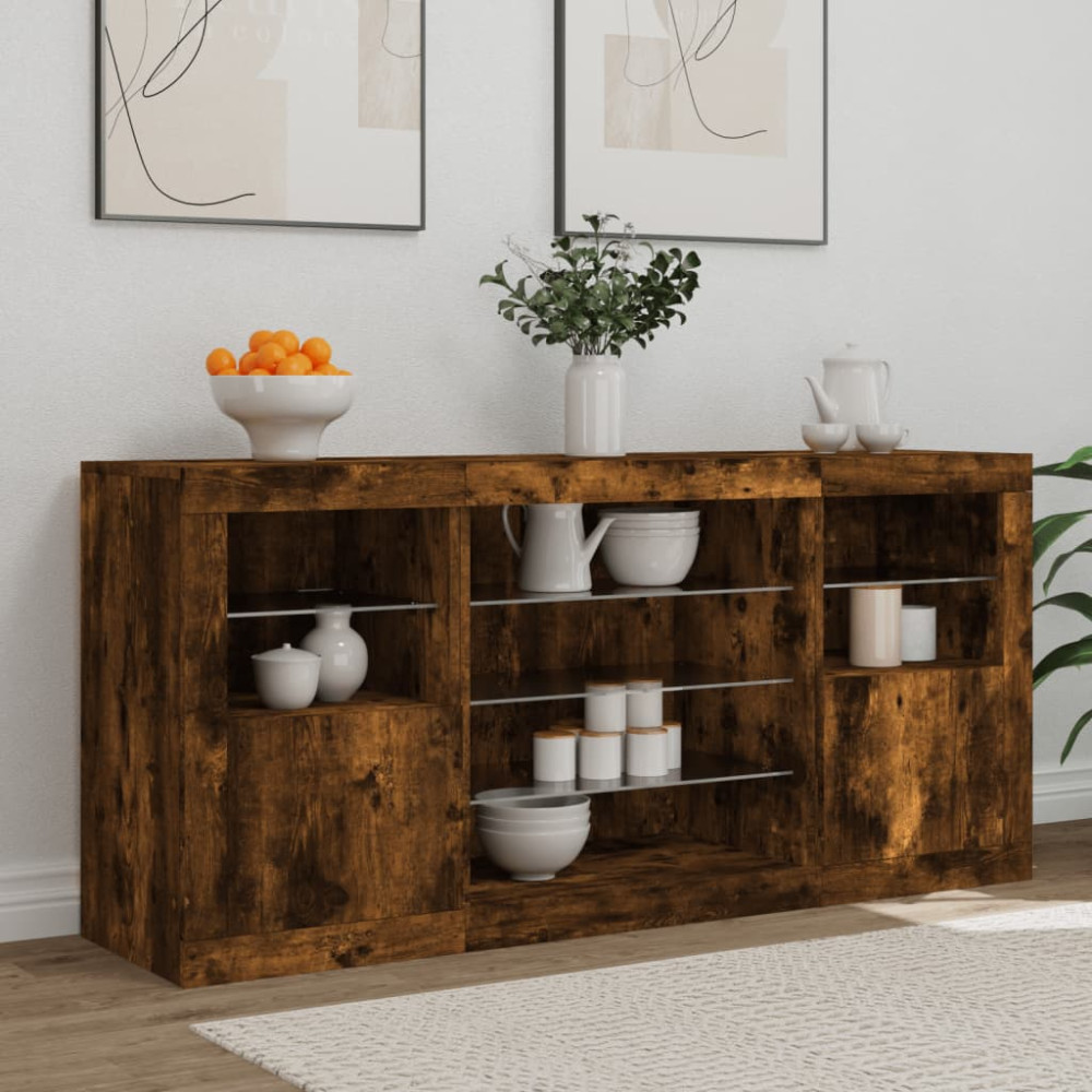 Produktbild för Skänk med LED-belysning rökfärgad ek 142,5x37x67 cm