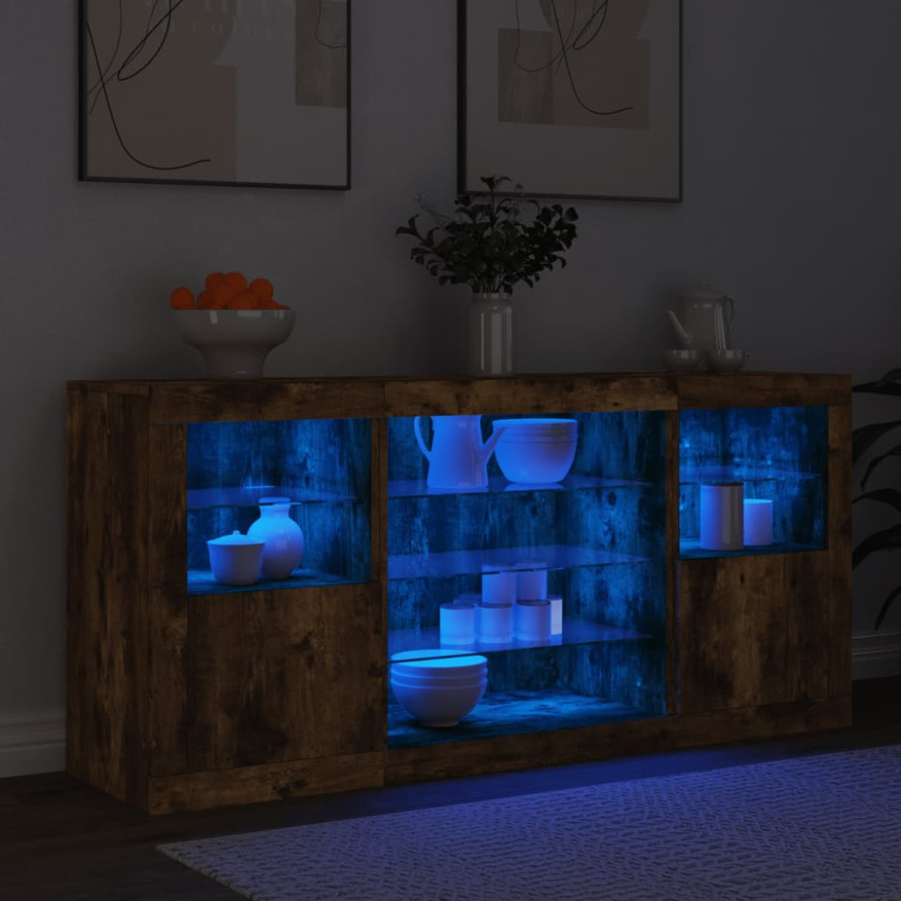 Produktbild för Skänk med LED-belysning rökfärgad ek 142,5x37x67 cm