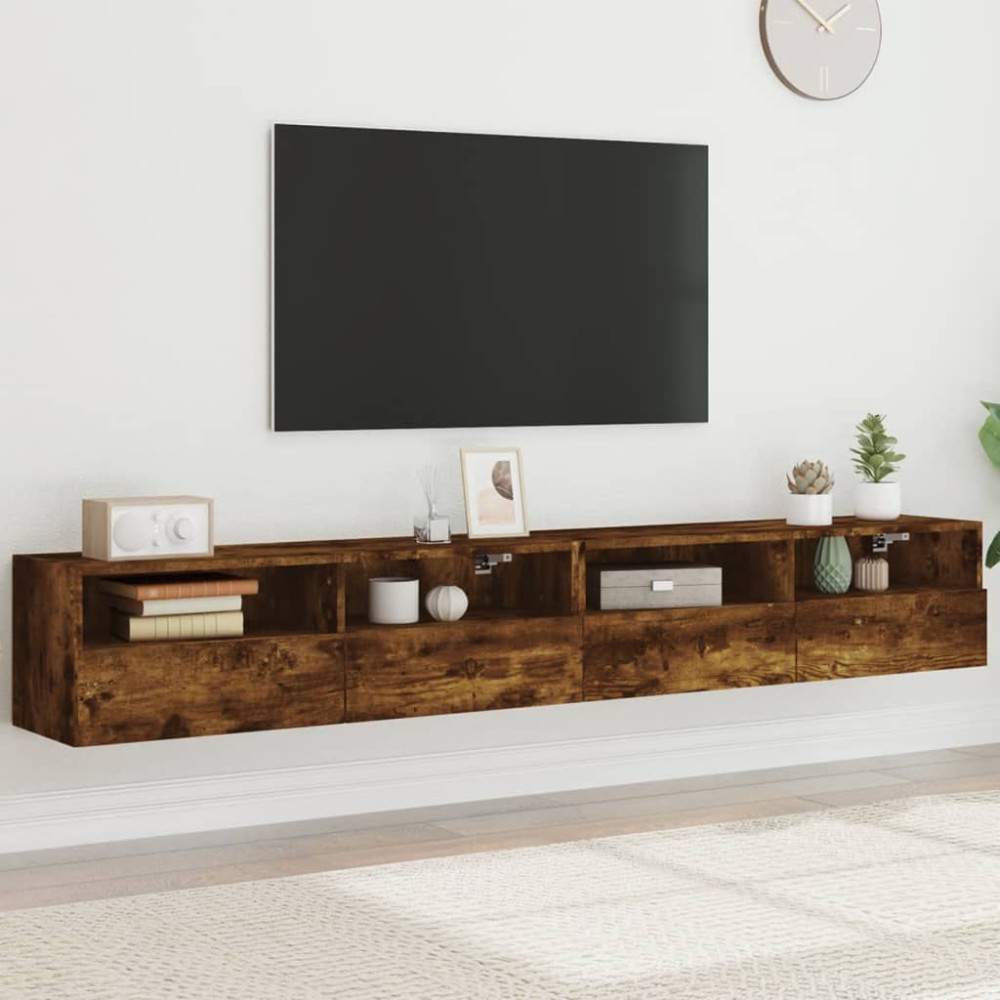 Produktbild för Väggmonterad tv-bänk 2 st rökfärgad ek 100x30x30 cm