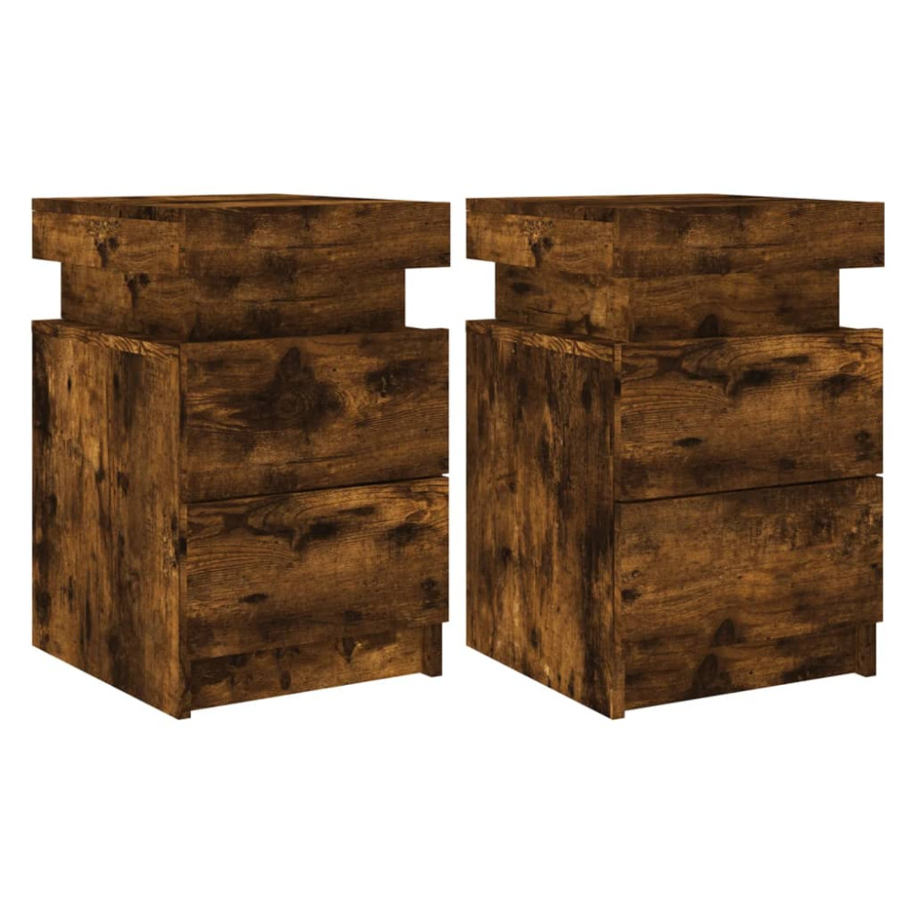 Produktbild för Sängbord med LED-lampor 2 st rökfärgad ek 35x39x55 cm
