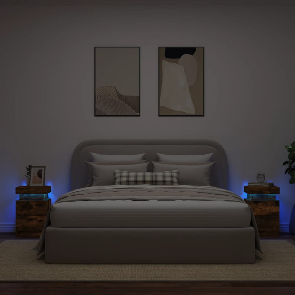 Produktbild för Sängbord med LED-lampor 2 st rökfärgad ek 35x39x55 cm