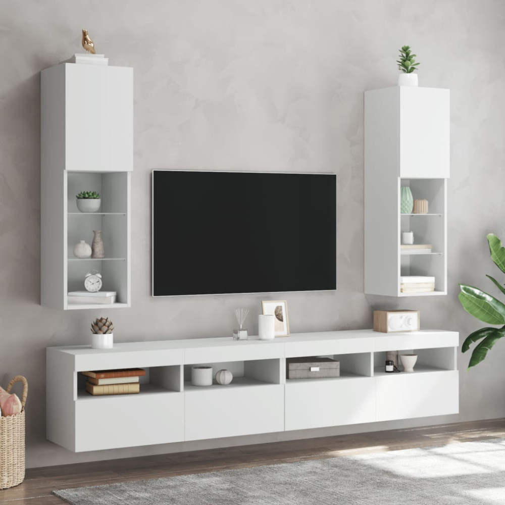 Produktbild för TV-bänk med LED-belysning 2 st vit 30,5x30x102 cm