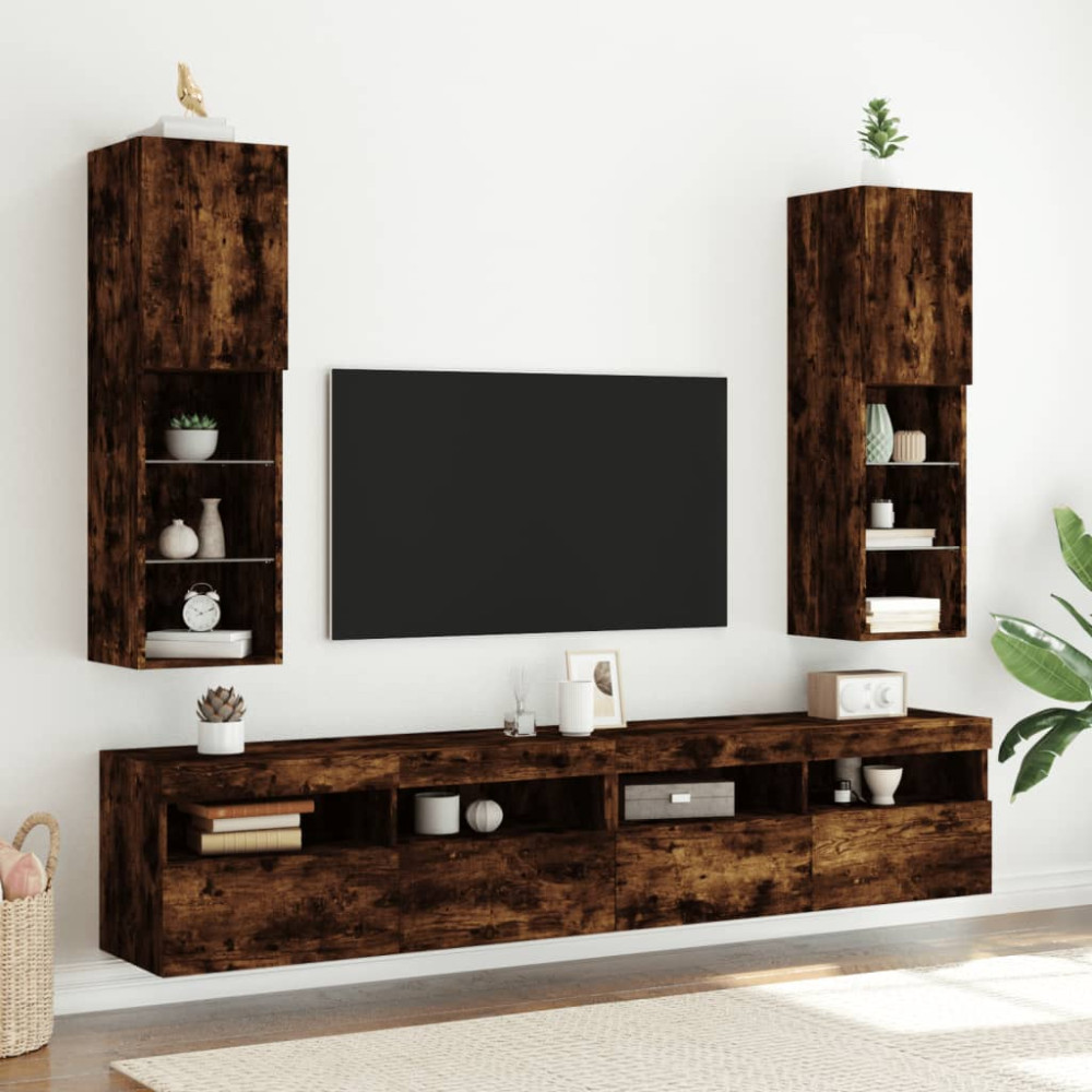 Produktbild för Tv-bänk med LED-belysning 2 st rökfärgad ek 30,5x30x102 cm