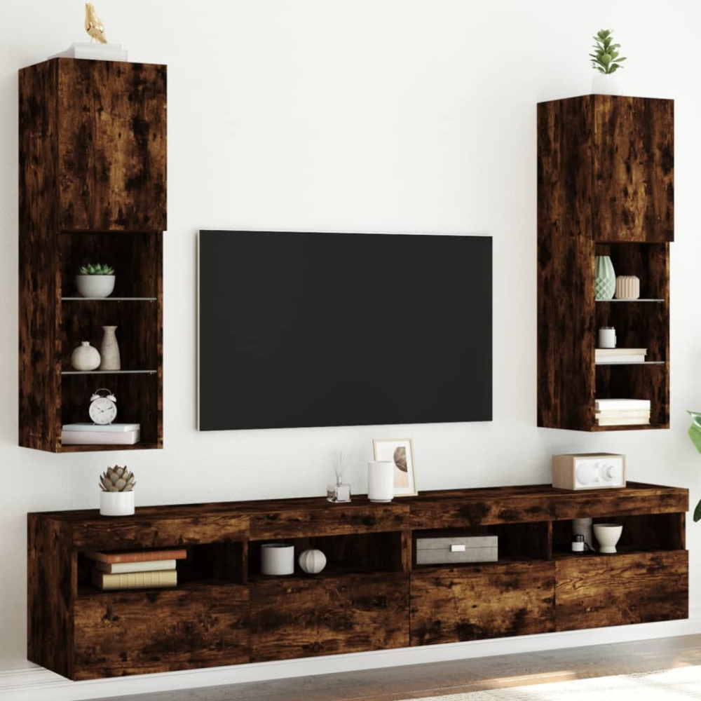 Produktbild för Tv-bänk med LED-belysning 2 st rökfärgad ek 30,5x30x102 cm