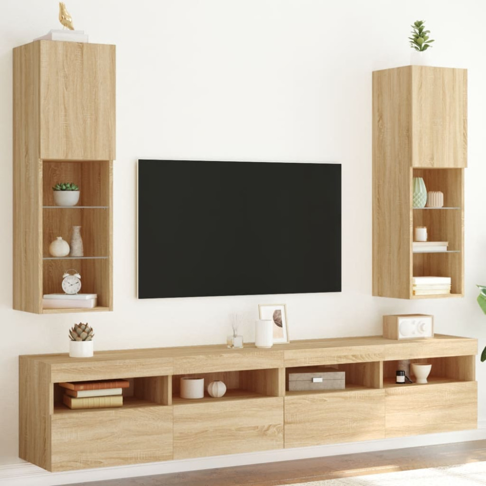 Produktbild för Tv-bänk med LED-belysning 2 st sonoma-ek 30,5x30x102 cm
