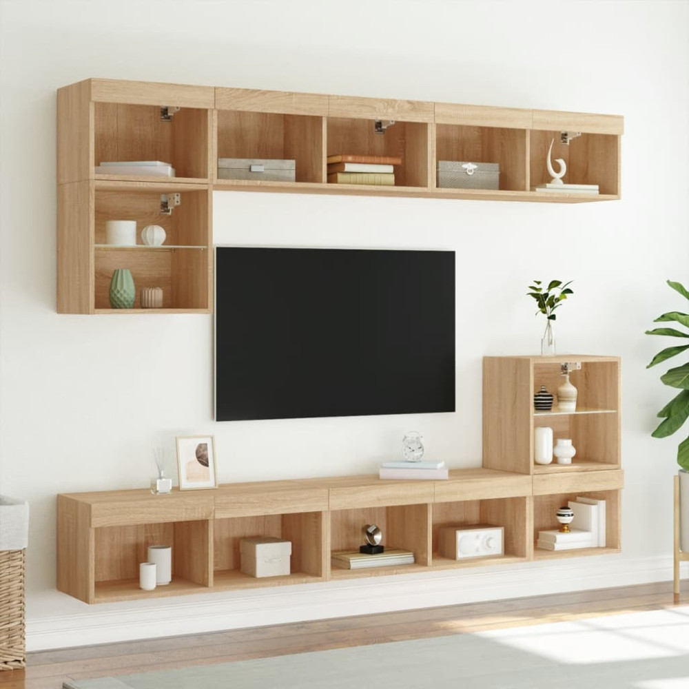 Produktbild för Tv-bänk med LED-belysning 2 st sonoma-ek 80x30x30 cm