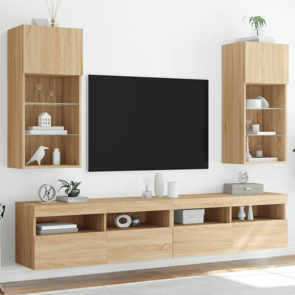 Produktbild för Tv-bänk med LED-belysning 2 st sonoma-ek 40,5x30x90 cm